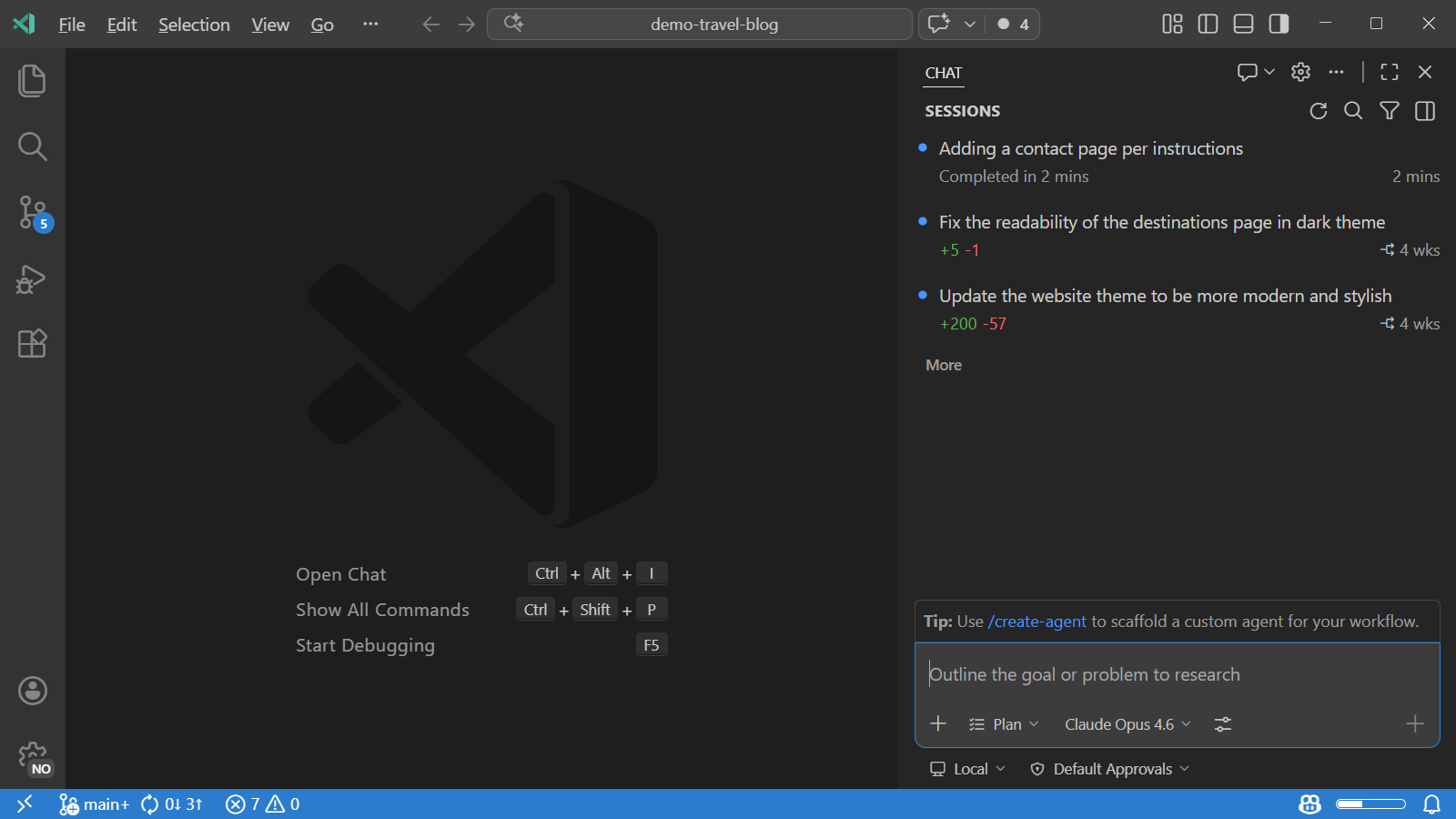 VS Code 中智能体(Agent)会话(Agent Session)的截图，显示代码变更和聊天交互。