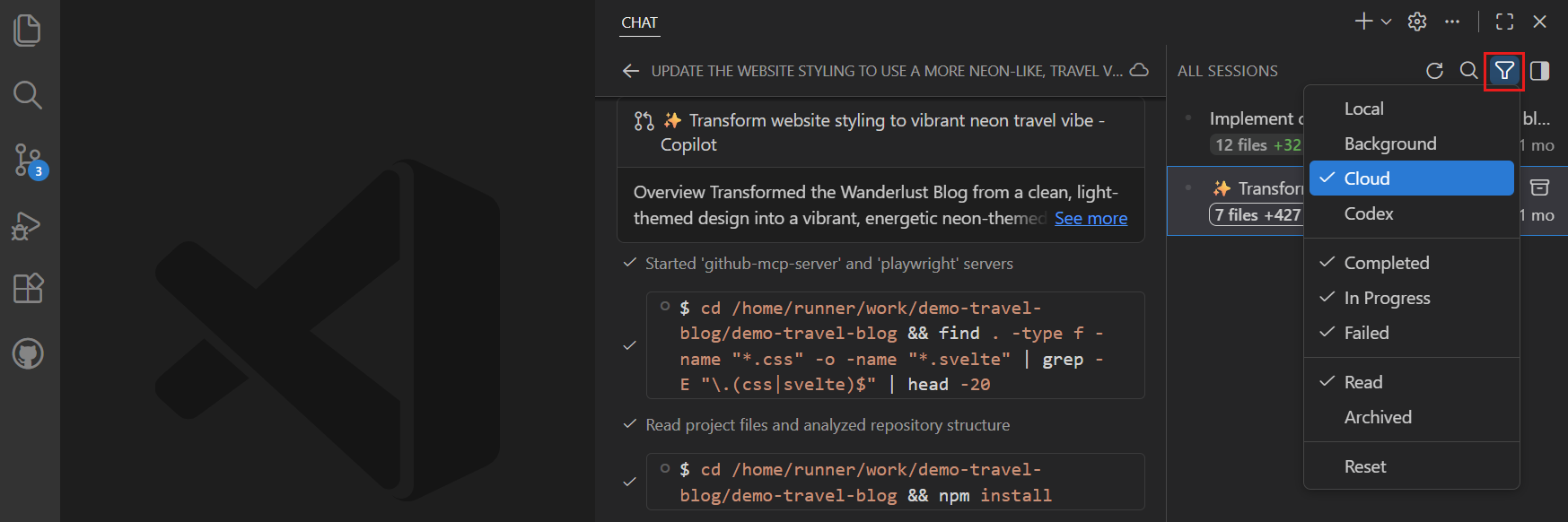 VS Code 聊天视图中云端智能体(Cloud Agent)筛选器截图。
