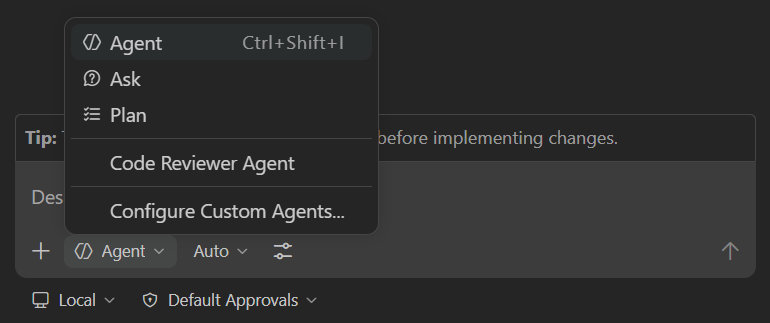 聊天视图中智能体(Agent)选择器截图。