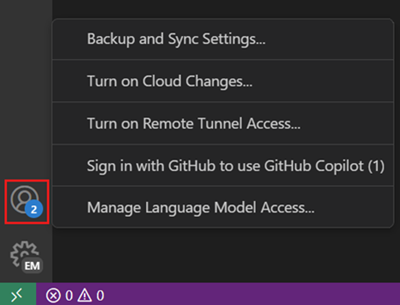 VS Code 账号菜单截图，显示使用 GitHub 登录以使用 GitHub Copilot 的选项。